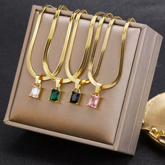 SOSO Set Zircon Necklace Women Square Emerald Pendant.