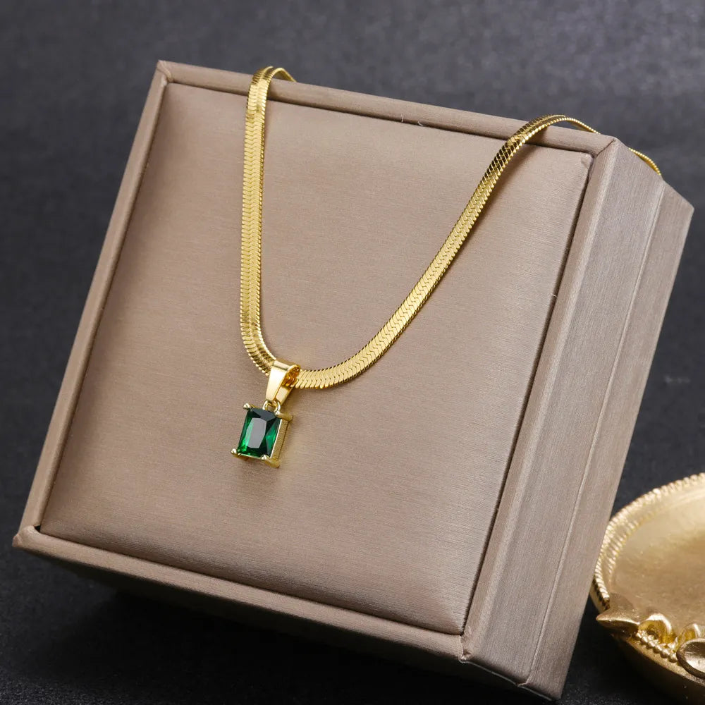 SOSO Set Zircon Necklace Women Square Emerald Pendant.