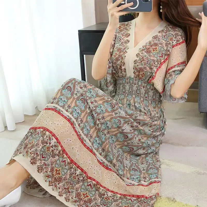 Large Swing Printed Long Skirt Autumn Summer Dress for Woman Clothes