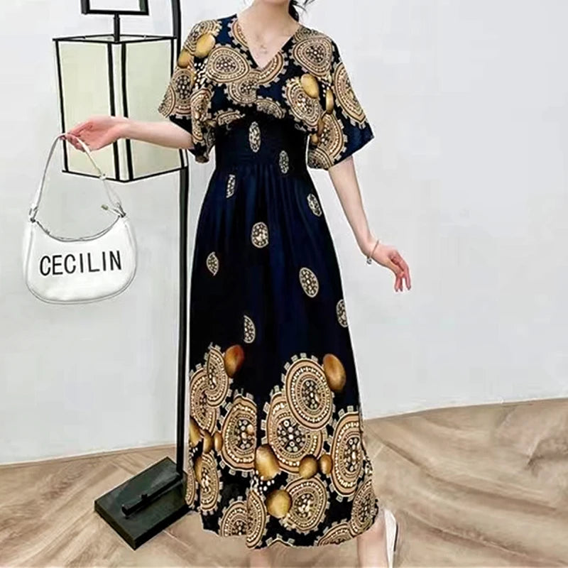 Large Swing Printed Long Skirt Autumn Summer Dress for Woman Clothes