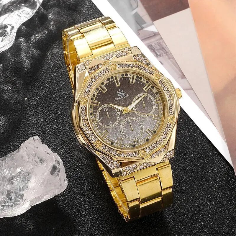 Golden Luxury Watch Women Ring Necklace Earring Rhinestone Fashion Wristwatch Casual Ladies Bracelet Watches Jewelry Set