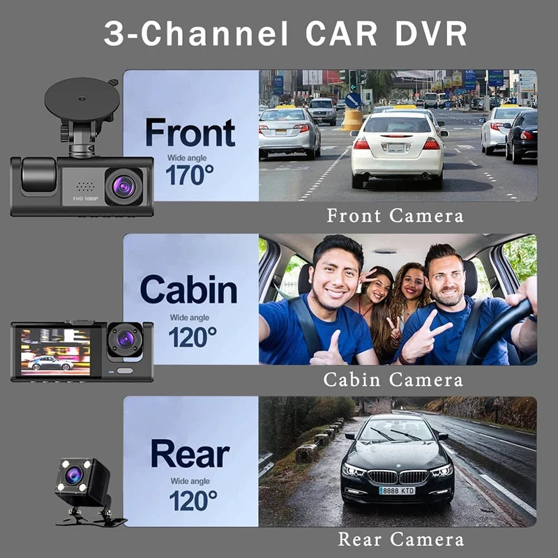 Recorder Rear View Camera for Vehicle 3 Channel Dash Cam for Cars 1080P Video 2Inch Car DVR Black Box Night Vision.