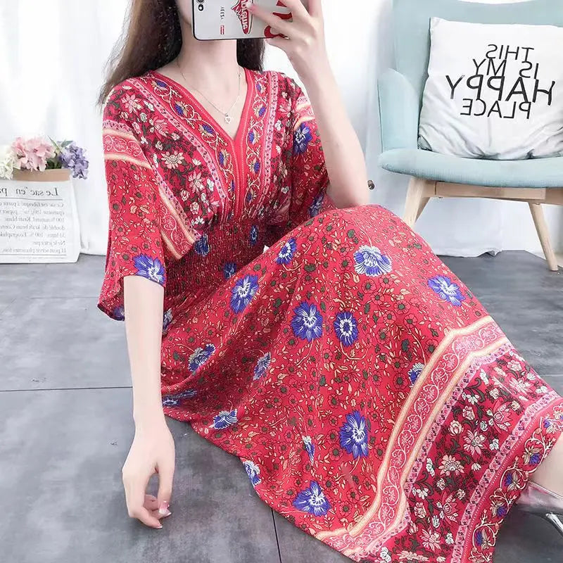 Large Swing Printed Long Skirt Autumn Summer Dress for Woman Clothes