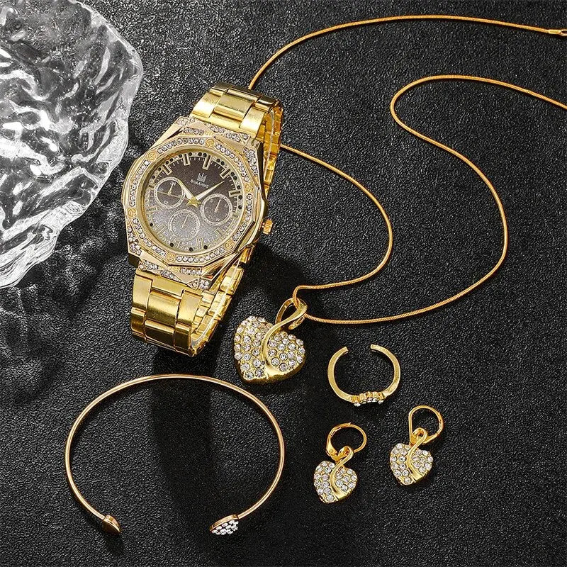 Golden Luxury Watch Women Ring Necklace Earring Rhinestone Fashion Wristwatch Casual Ladies Bracelet Watches Jewelry Set