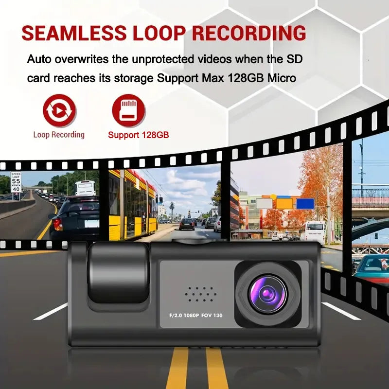 Recorder Rear View Camera for Vehicle 3 Channel Dash Cam for Cars 1080P Video 2Inch Car DVR Black Box Night Vision.