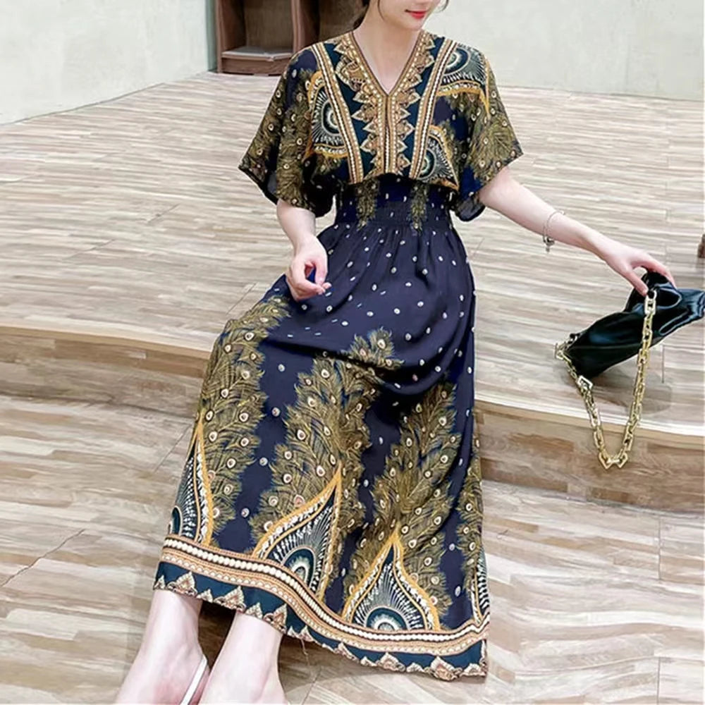 Large Swing Printed Long Skirt Autumn Summer Dress for Woman Clothes