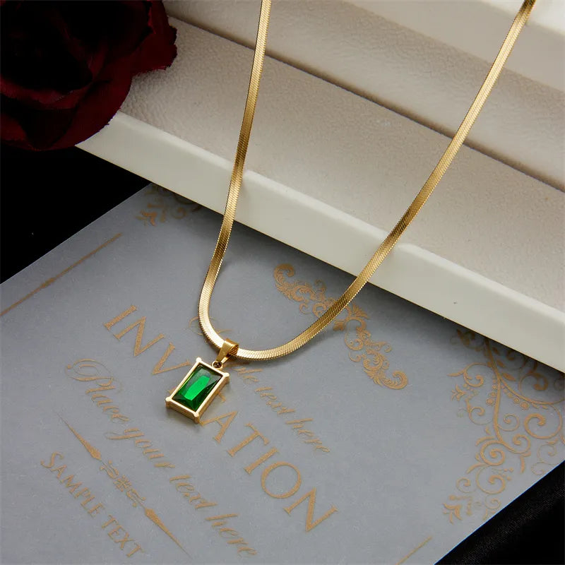 SOSO SET Necklace Earrings For Women Girl New Fashion Stainless Steel Square Green Crystal Zircon.