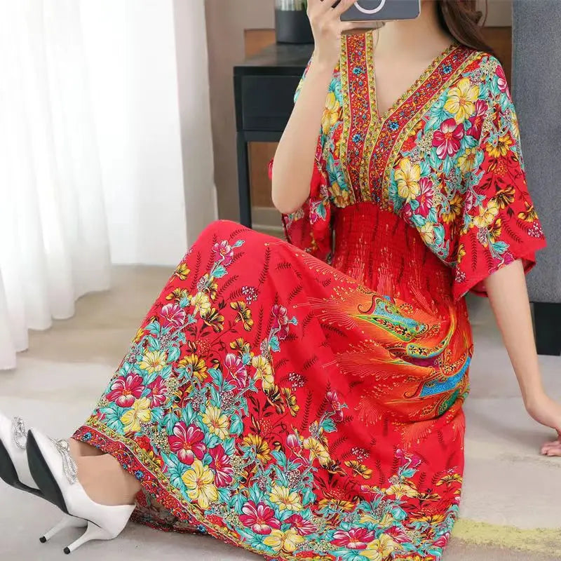 Large Swing Printed Long Skirt Autumn Summer Dress for Woman Clothes