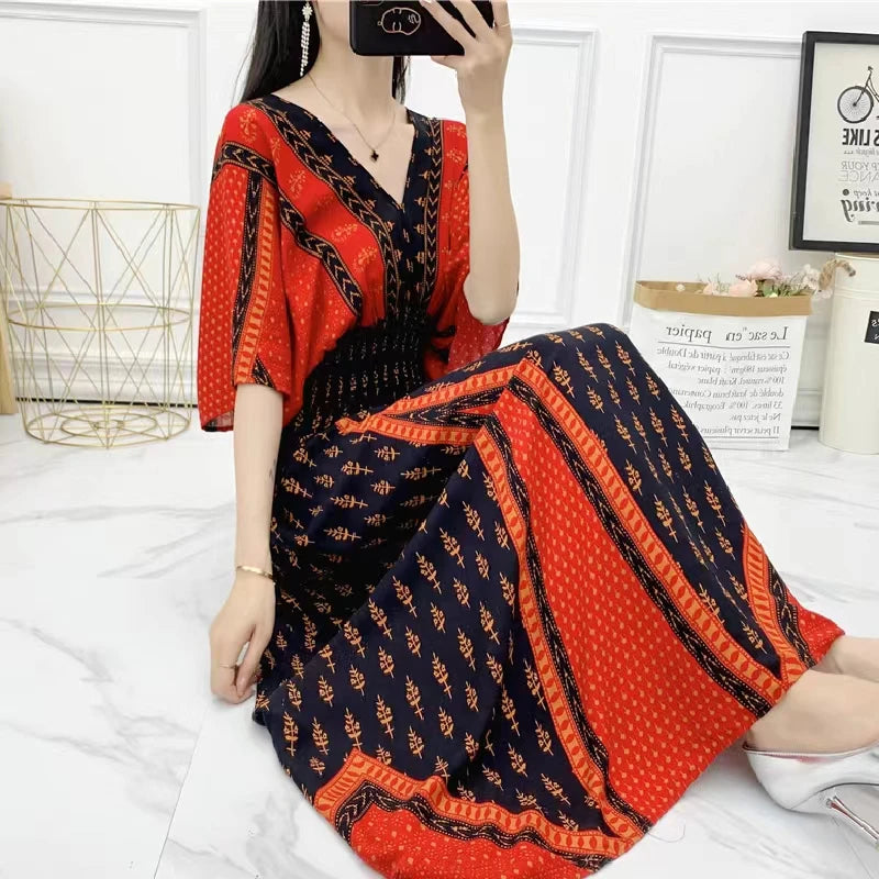 Large Swing Printed Long Skirt Autumn Summer Dress for Woman Clothes