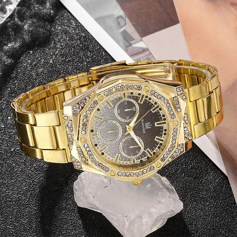 Golden Luxury Watch Women Ring Necklace Earring Rhinestone Fashion Wristwatch Casual Ladies Bracelet Watches Jewelry Set