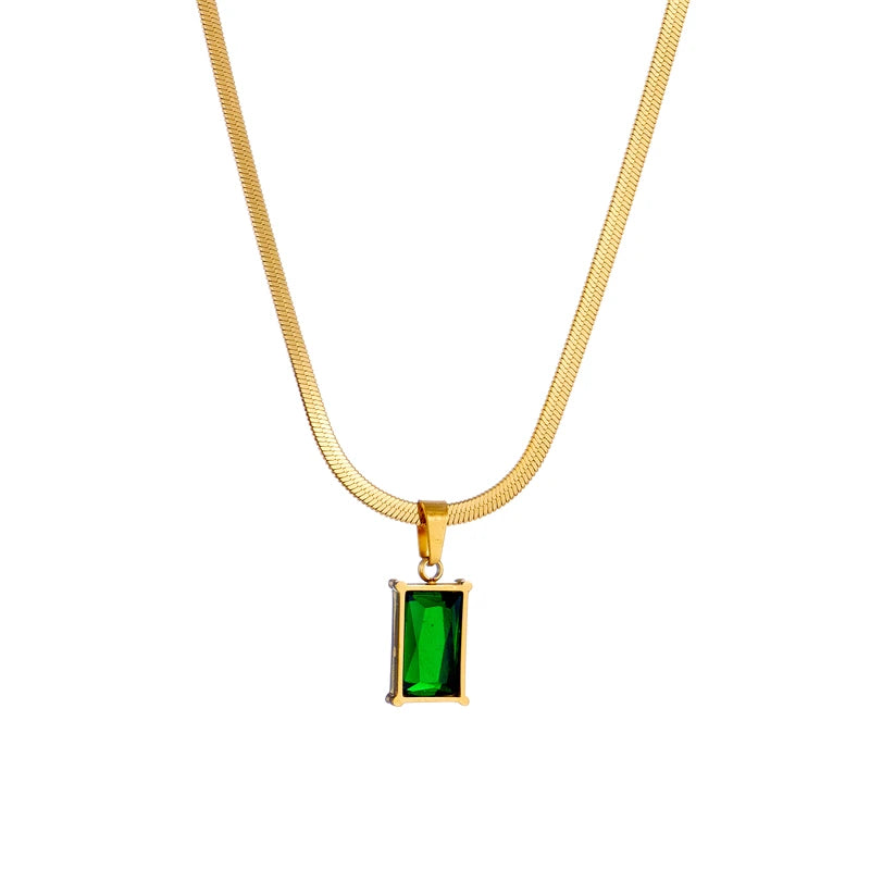 SOSO SET Necklace Earrings For Women Girl New Fashion Stainless Steel Square Green Crystal Zircon.